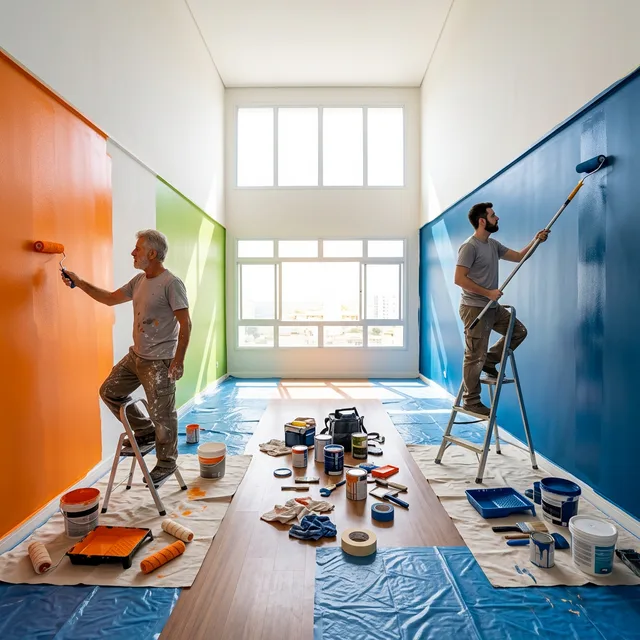 Dois pintores trabalhando em paredes coloridas